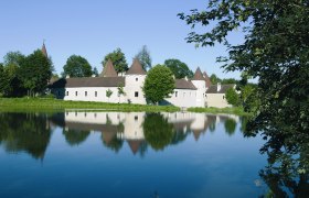 Schloss mit spitzen Türmen spiegelt sich in einem ruhigen See, umgeben von Bäumen.