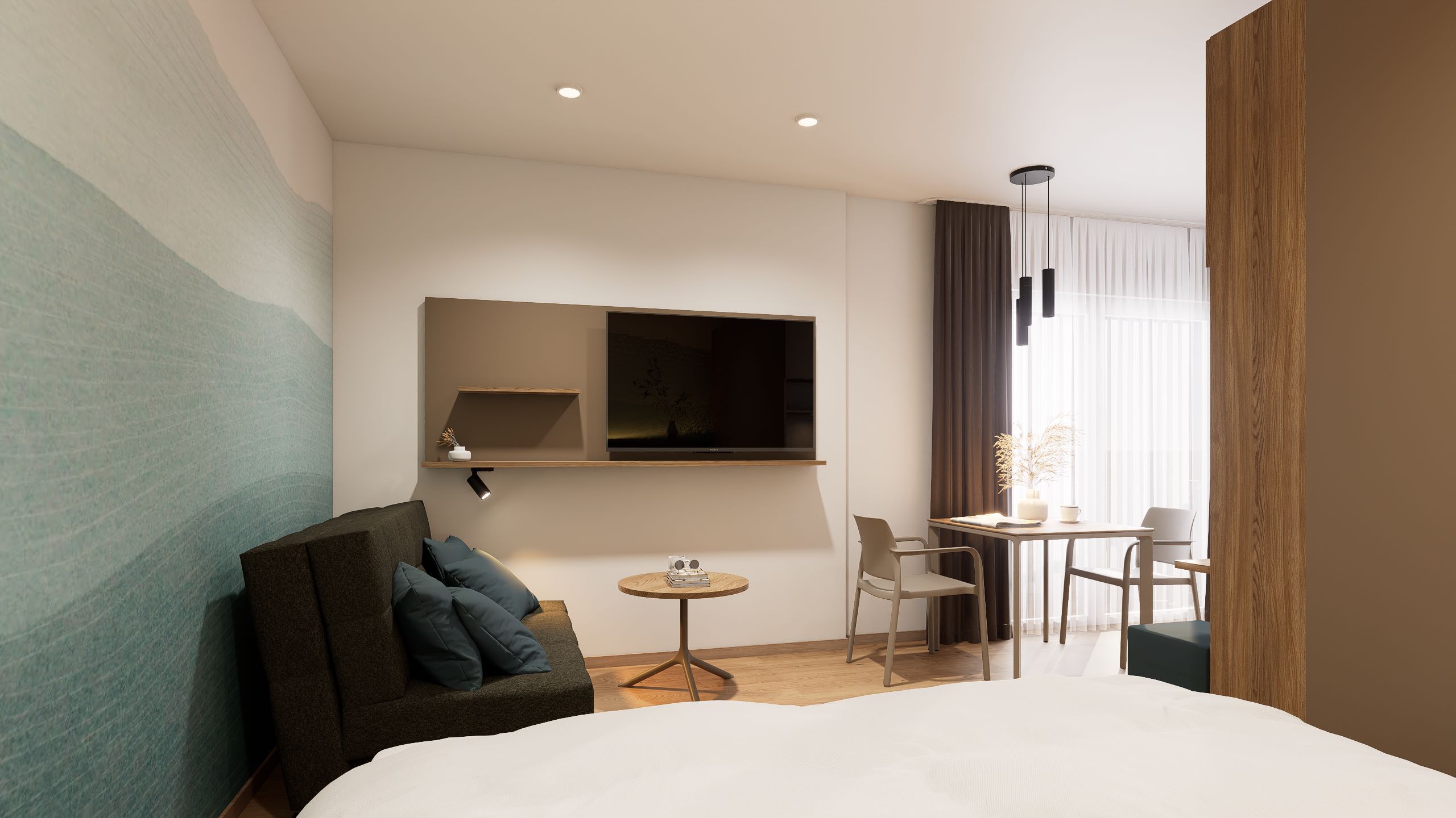 Modern eingerichtetes Apartment mit Sofa, Tisch, Stühlen und Fernseher.