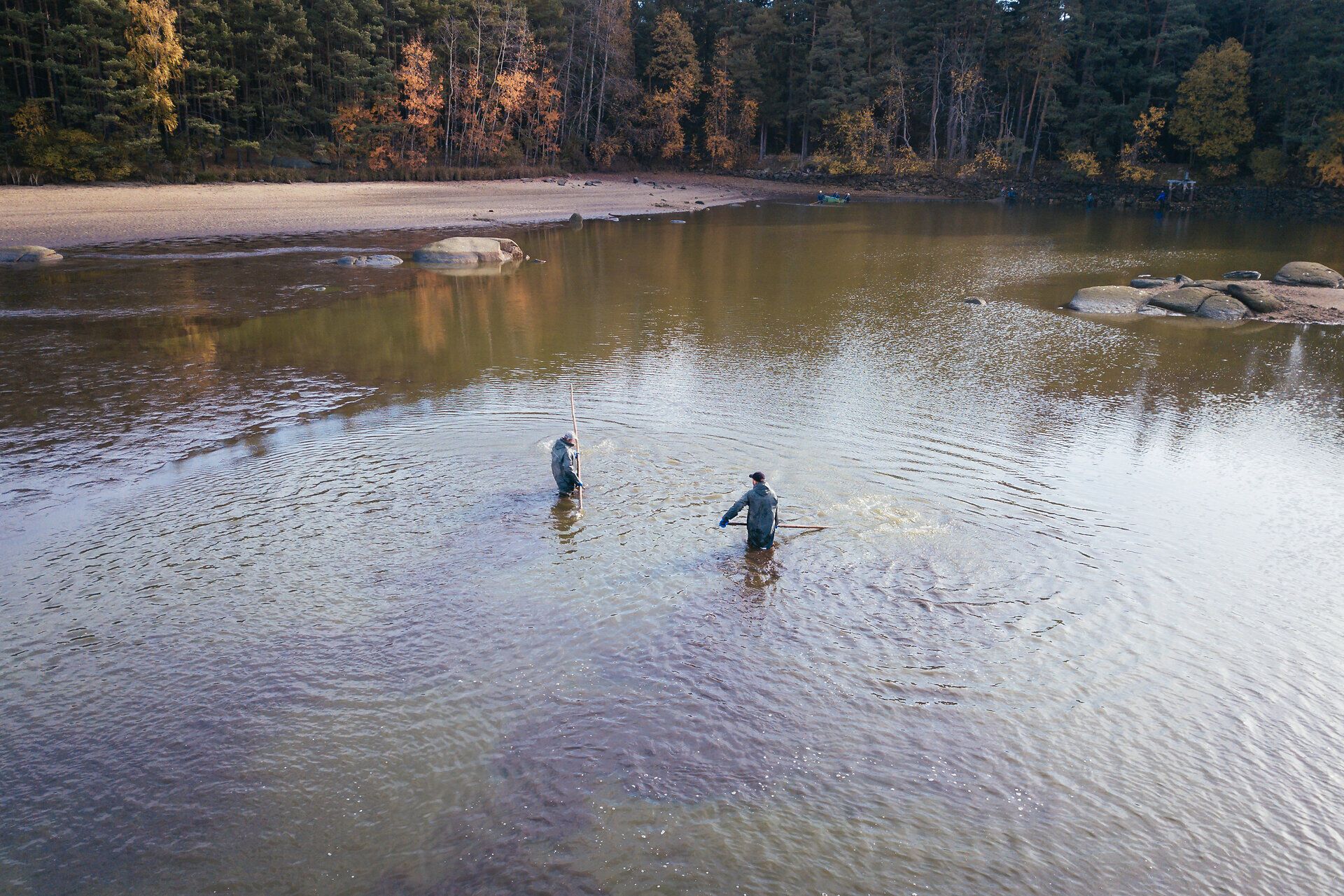In der ruhigen Wasserlandschaft des Waldviertels stehen zwei Angler, die geduldig auf den nächsten Biss warten. Umgeben von sanften Hügeln und herbstlichen Farben, vermittelt die Szenerie eine friedliche Atmosphäre, die zum Verweilen einlädt.