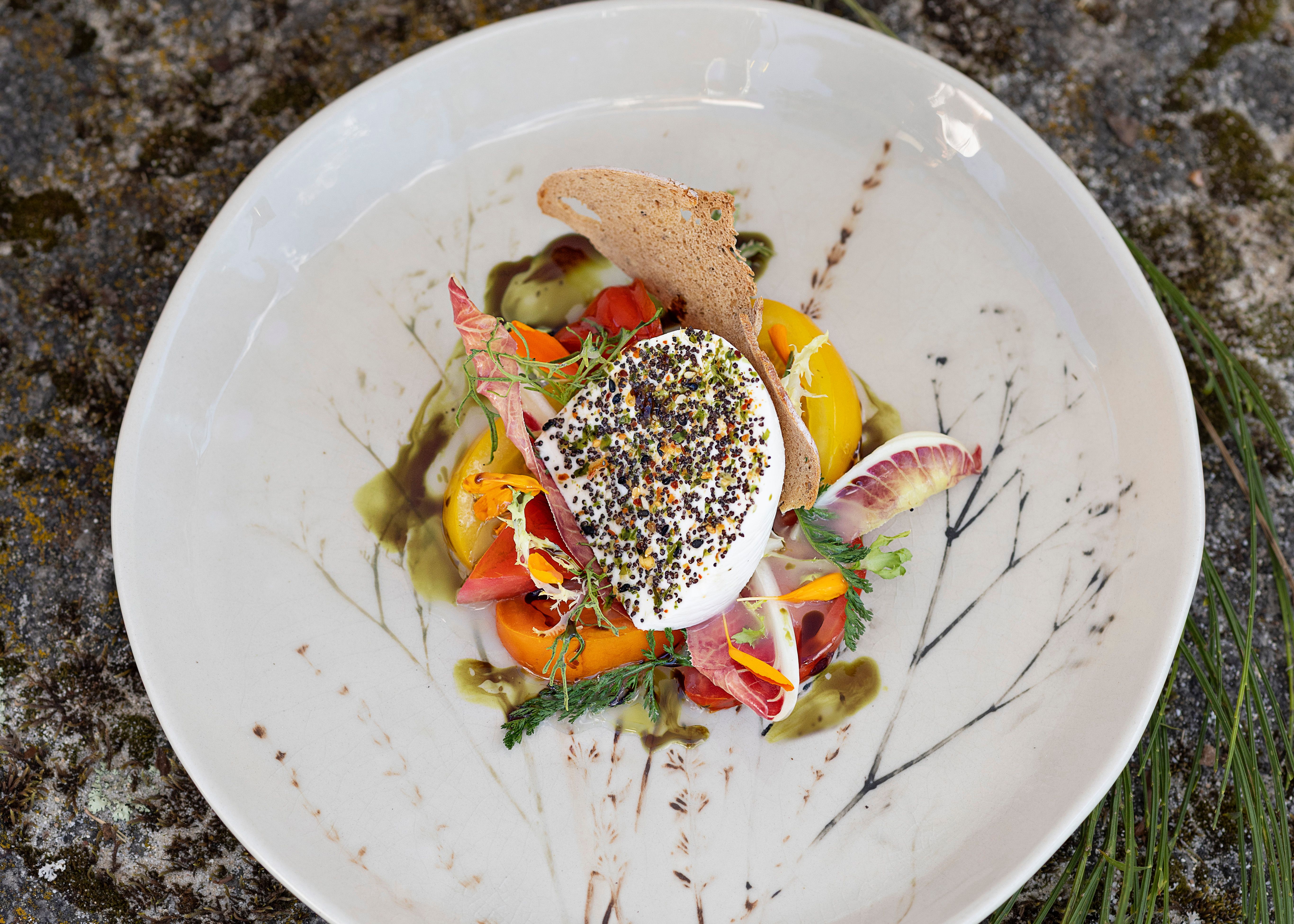 Fein angerichteter Teller mit Burrata, buntem Gemüse, Kräutern und Brotchip im Golfresort Haugschlag.