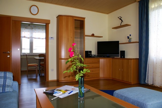 Wohnzimmer mit Holzmöbeln, Fernseher und Vase mit Blumen.