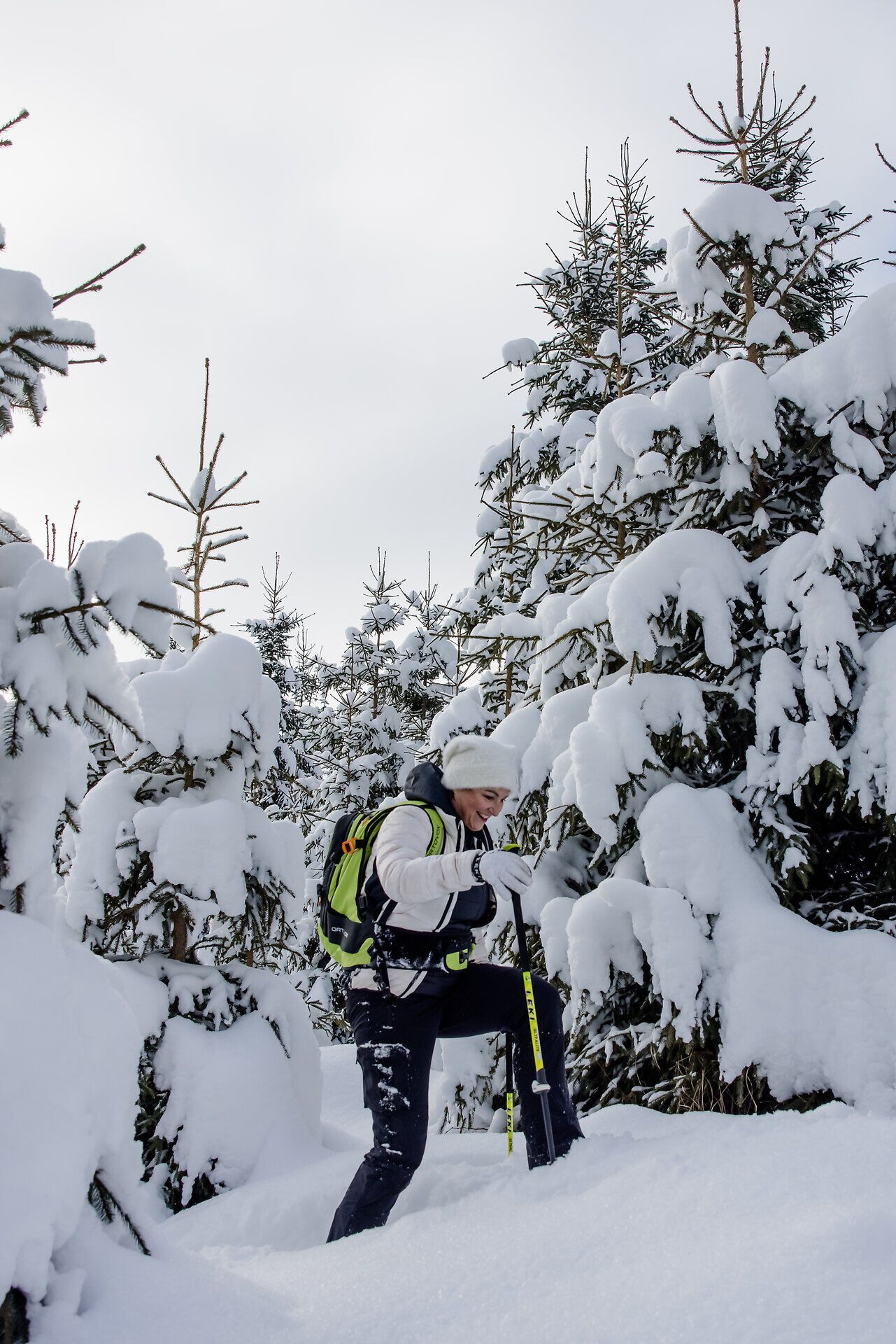 Person wandert im tiefen Schnee zwischen verschneiten Tannenbäumen.