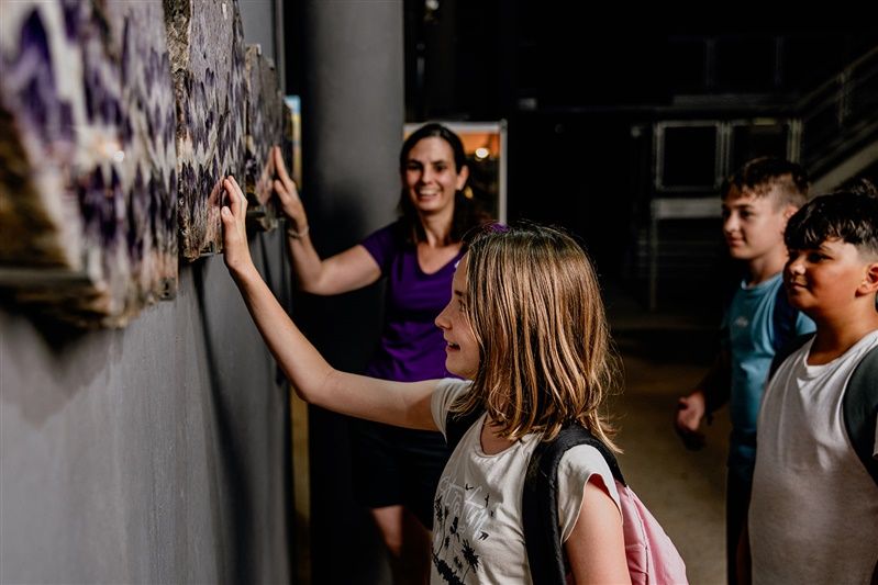 Eine Gruppe von Jugendlichen betrachtet Amethysten an einer Wand in einem Museum.