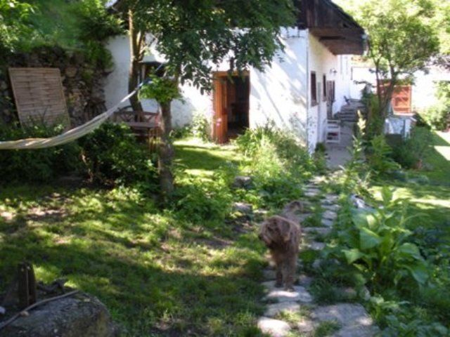 Ein Garten mit einem Hund auf einem Steinweg vor einem weißen Haus.