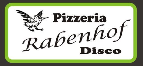 Logo der Pizzeria Rabenhof mit einem Vogel und grünem Rand.