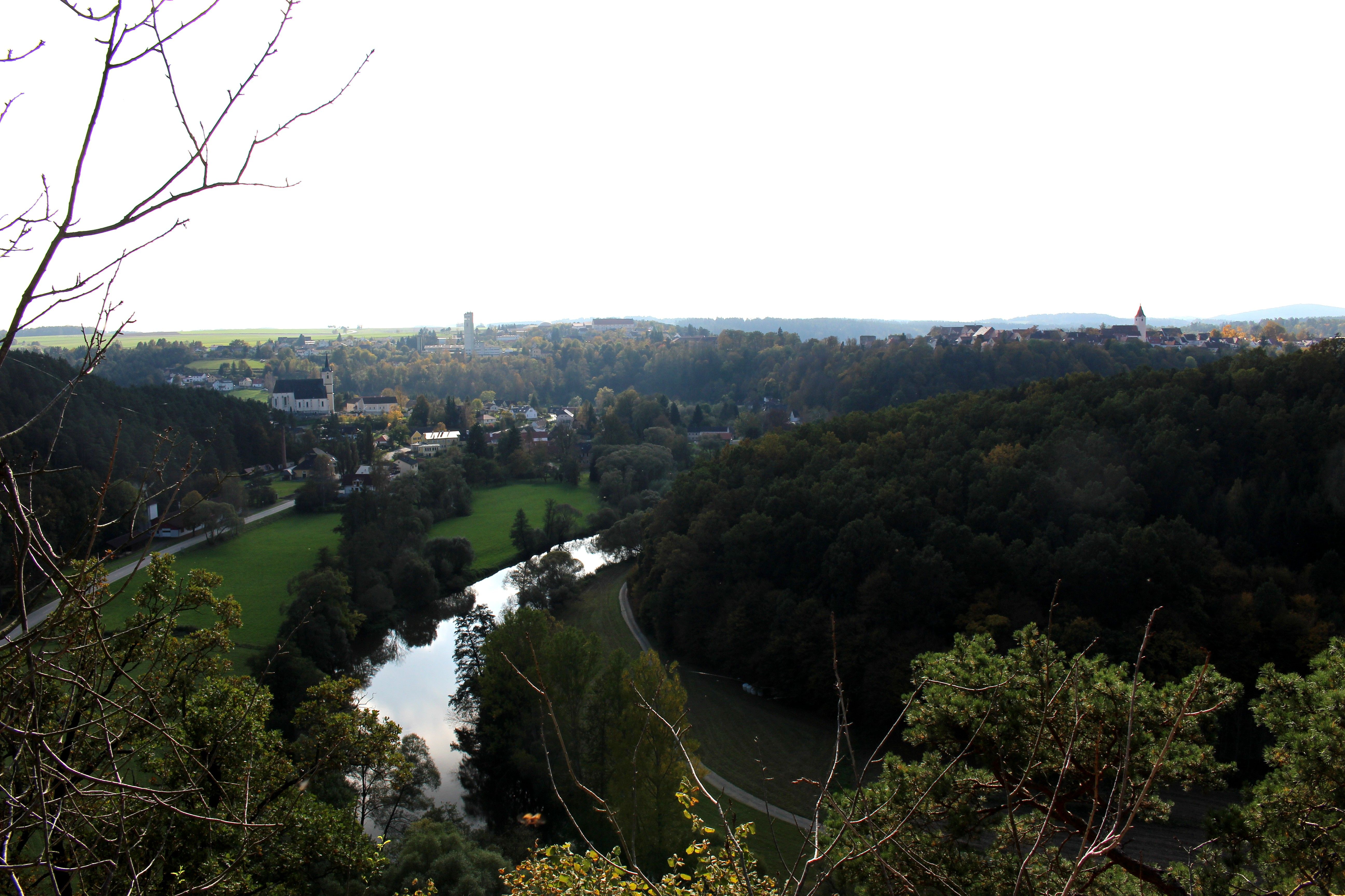 Panoramablick von der Julienhöhe auf eine Flusslandschaft mit Wald und Stadt im Hintergrund.