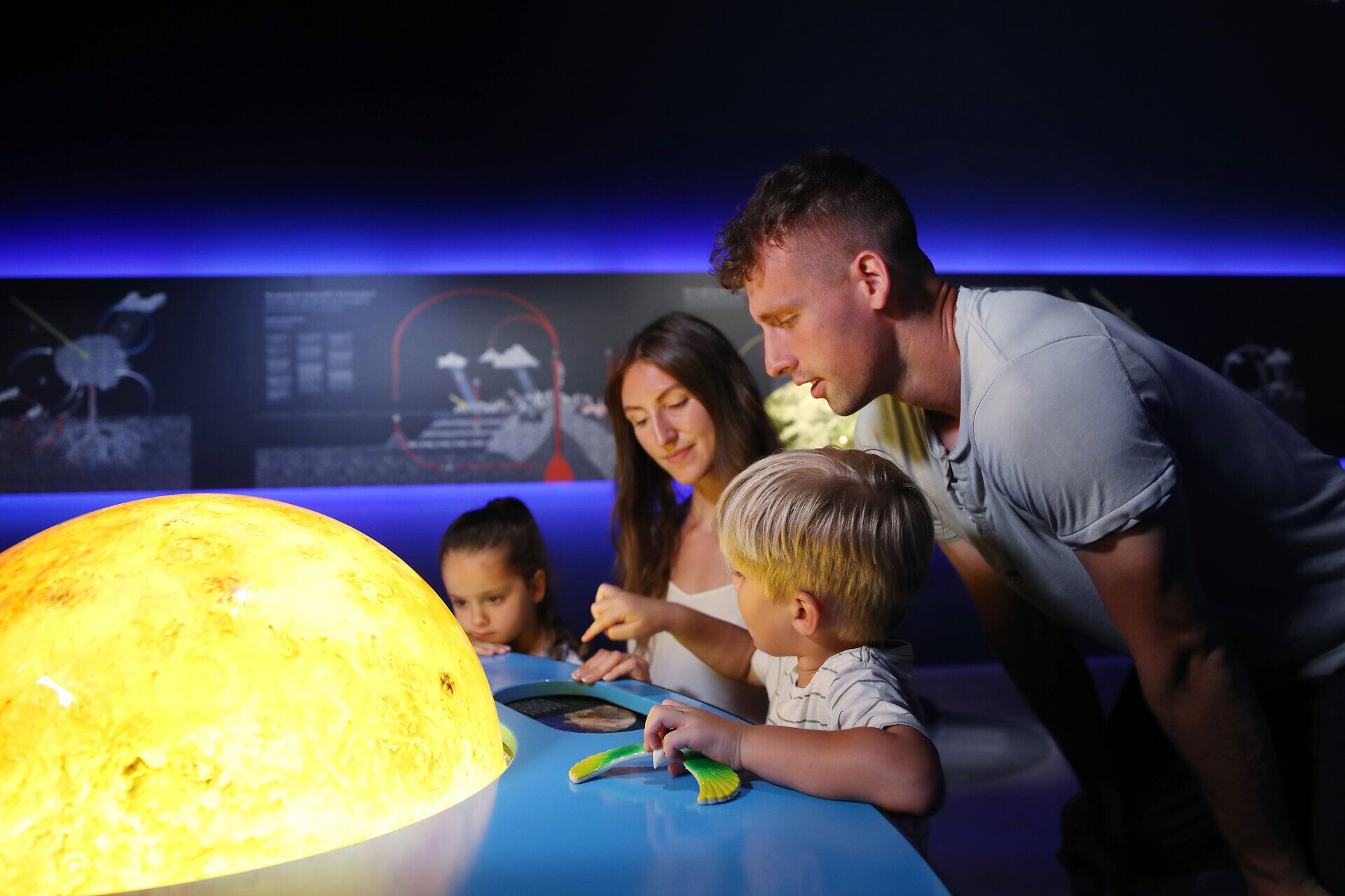 Eine Familie erkundet begeistert die faszinierenden Ausstellungen in der SONNENWELT Großschönau. Die Kinder sind fasziniert von den interaktiven Stationen, während die Eltern gemeinsam mit ihnen die Wunder der Natur entdecken. Ein perfekter Ausflug für Groß und Klein, der unvergessliche Erinnerungen schafft.