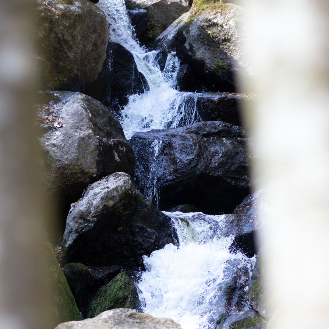Ein Wasserfall fließt über große Felsen in der Ysperklamm.