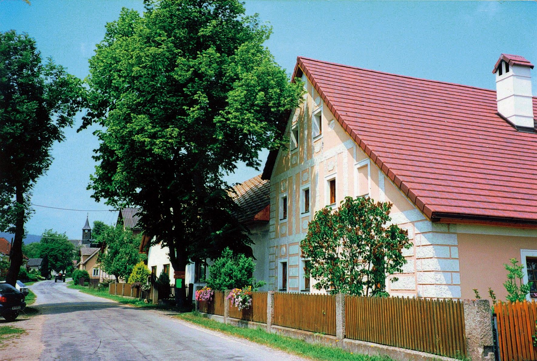 Straße mit traditionellen Häusern und Bäumen in einer ländlichen Umgebung.