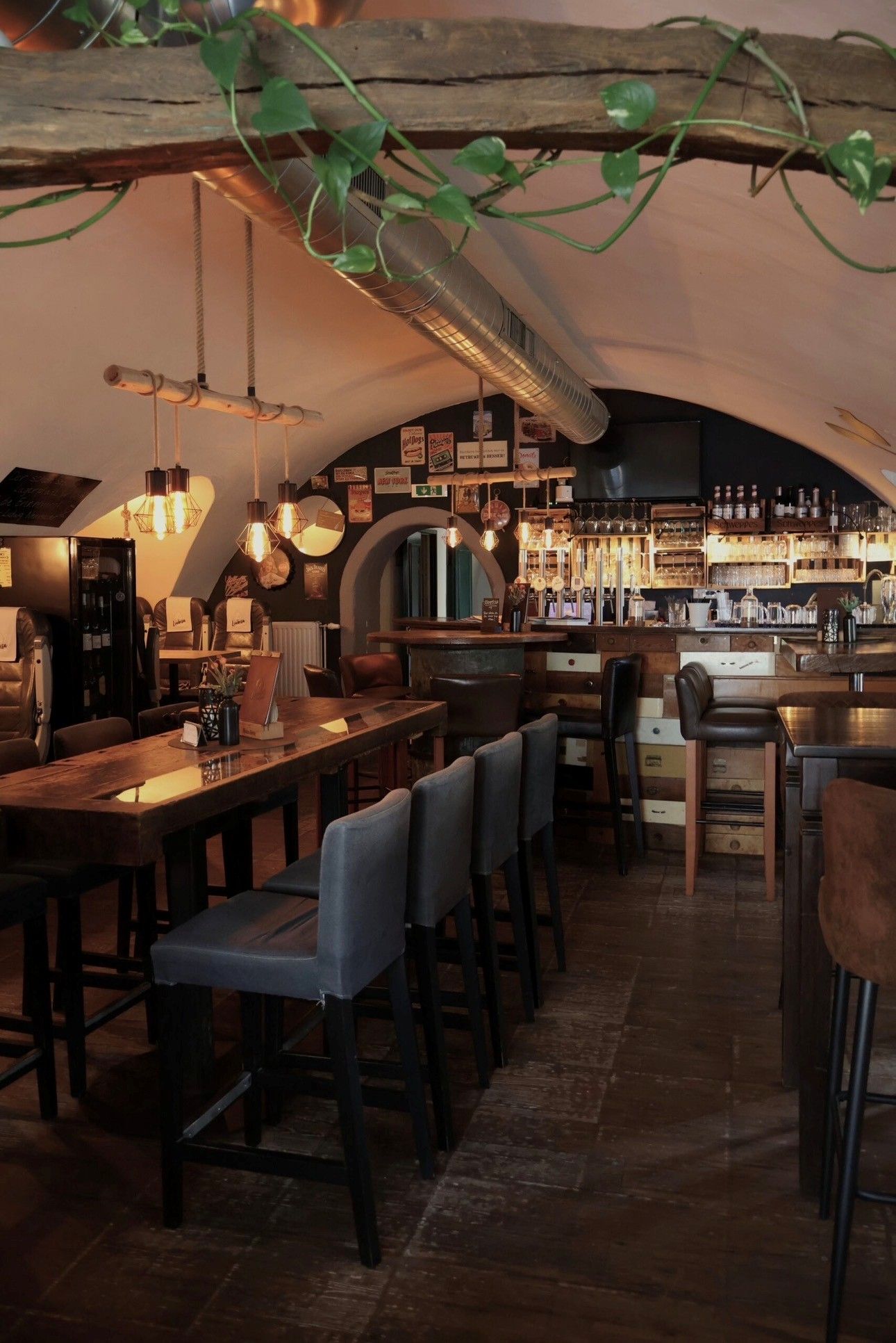 Gemütlicher Innenraum einer Bar mit Holztischen, hohen Stühlen, hängenden Lampen und einer Theke unter einer gewölbten Decke mit Pflanzenranke.
