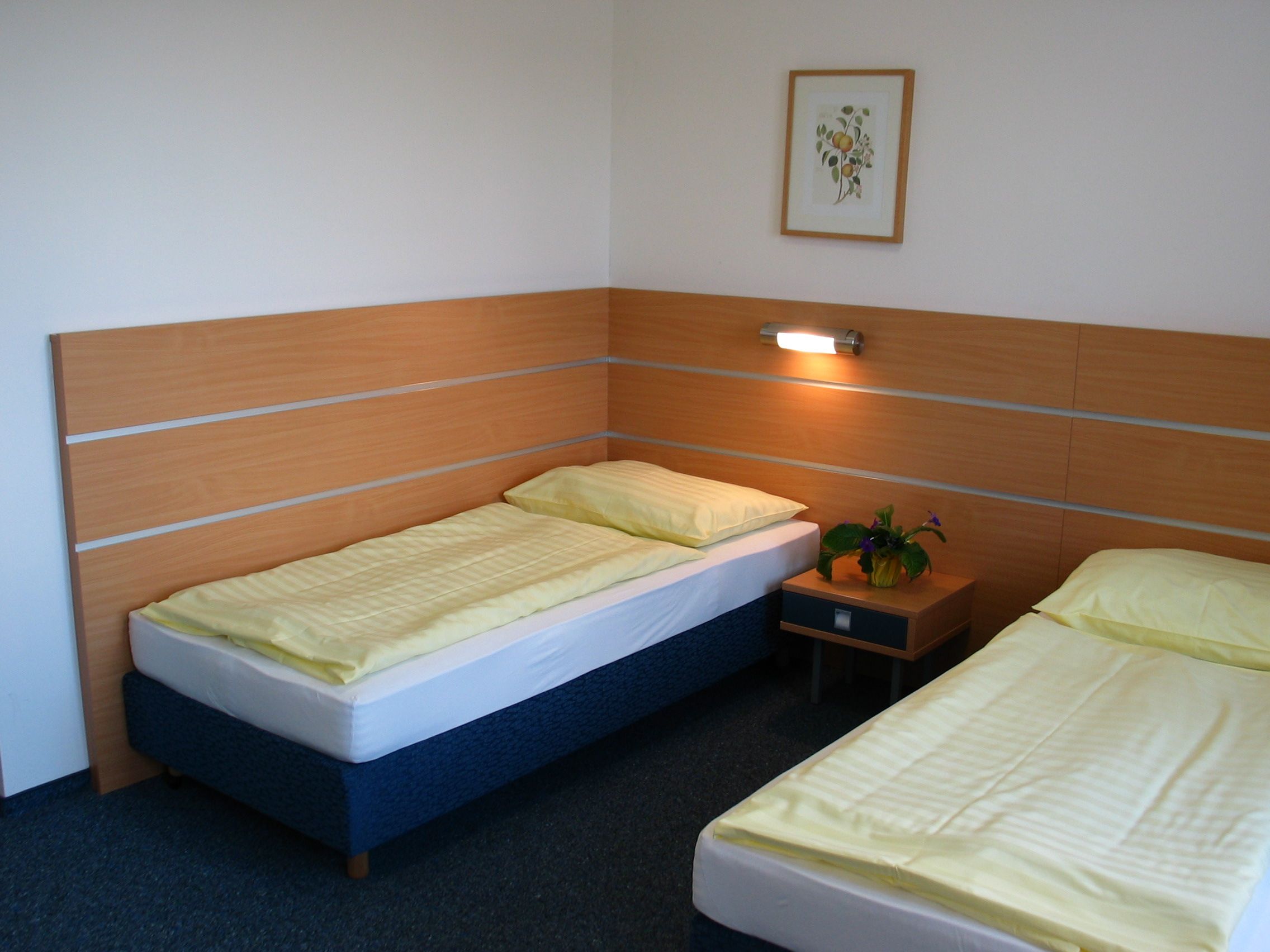 Ein einfaches Hotelzimmer mit zwei Einzelbetten, einem Nachttisch und einem Bild an der Wand.