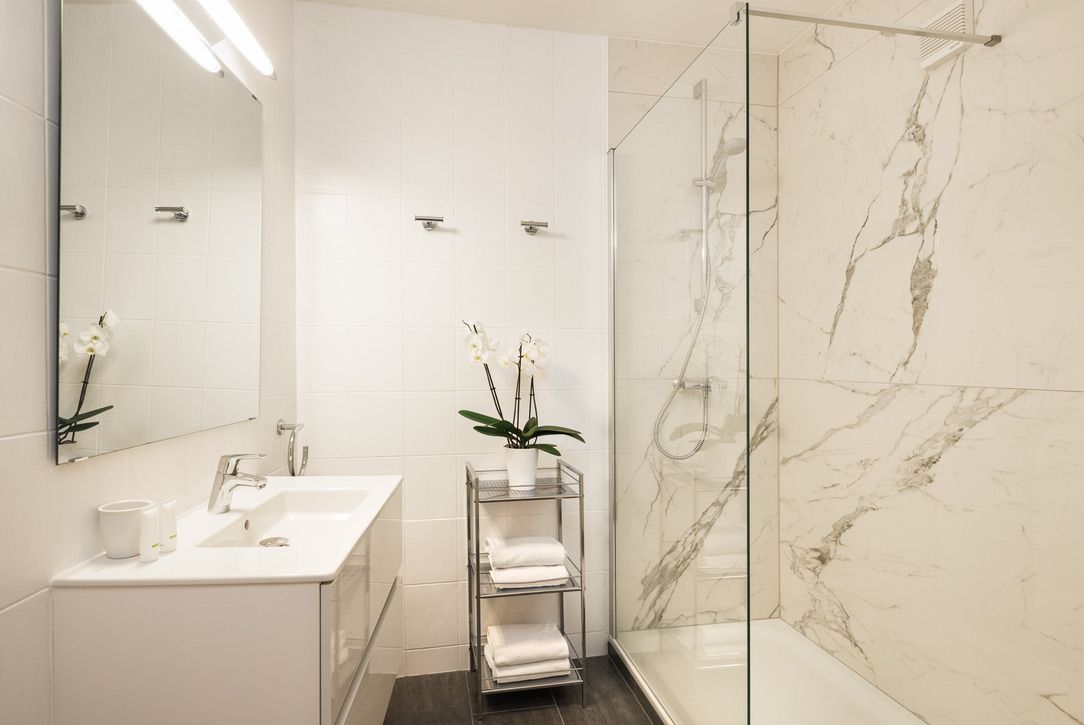 Modernes Badezimmer mit weißem Waschbecken, Spiegel, Glasdusche und Orchidee auf einem Regal.