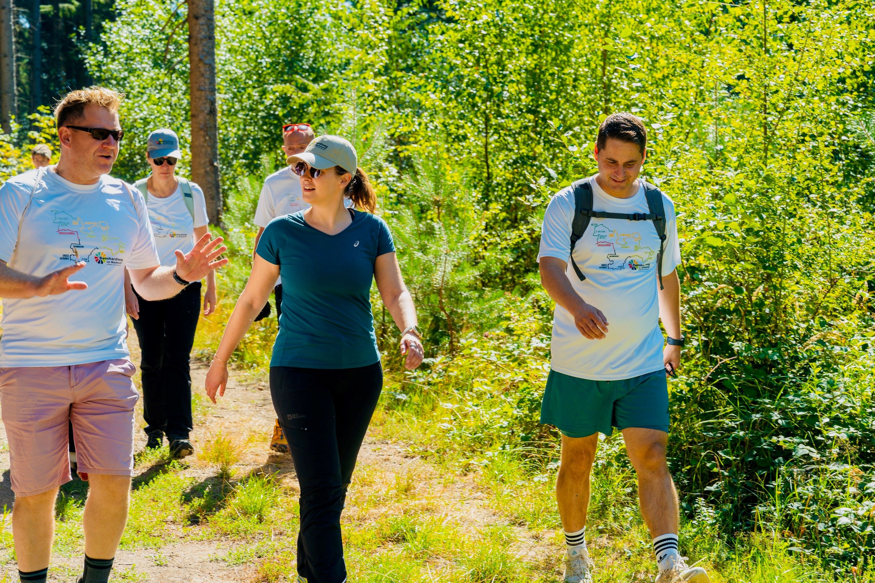 Mehrere Menschen wandern auf einem Waldweg