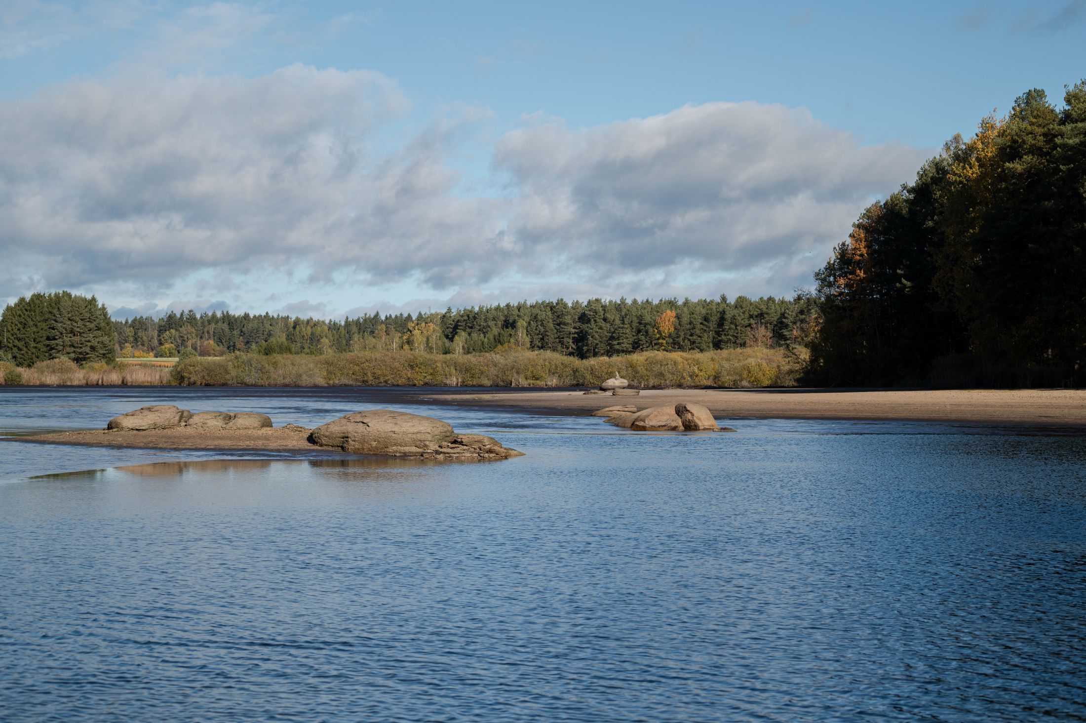 Ein Teich, umgeben von Wald und Felsen im Wasser.