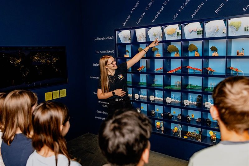 Eine Frau erklärt einer Gruppe von Jugendlichen eine Ausstellung über Energie und Umwelt in einem Museum.