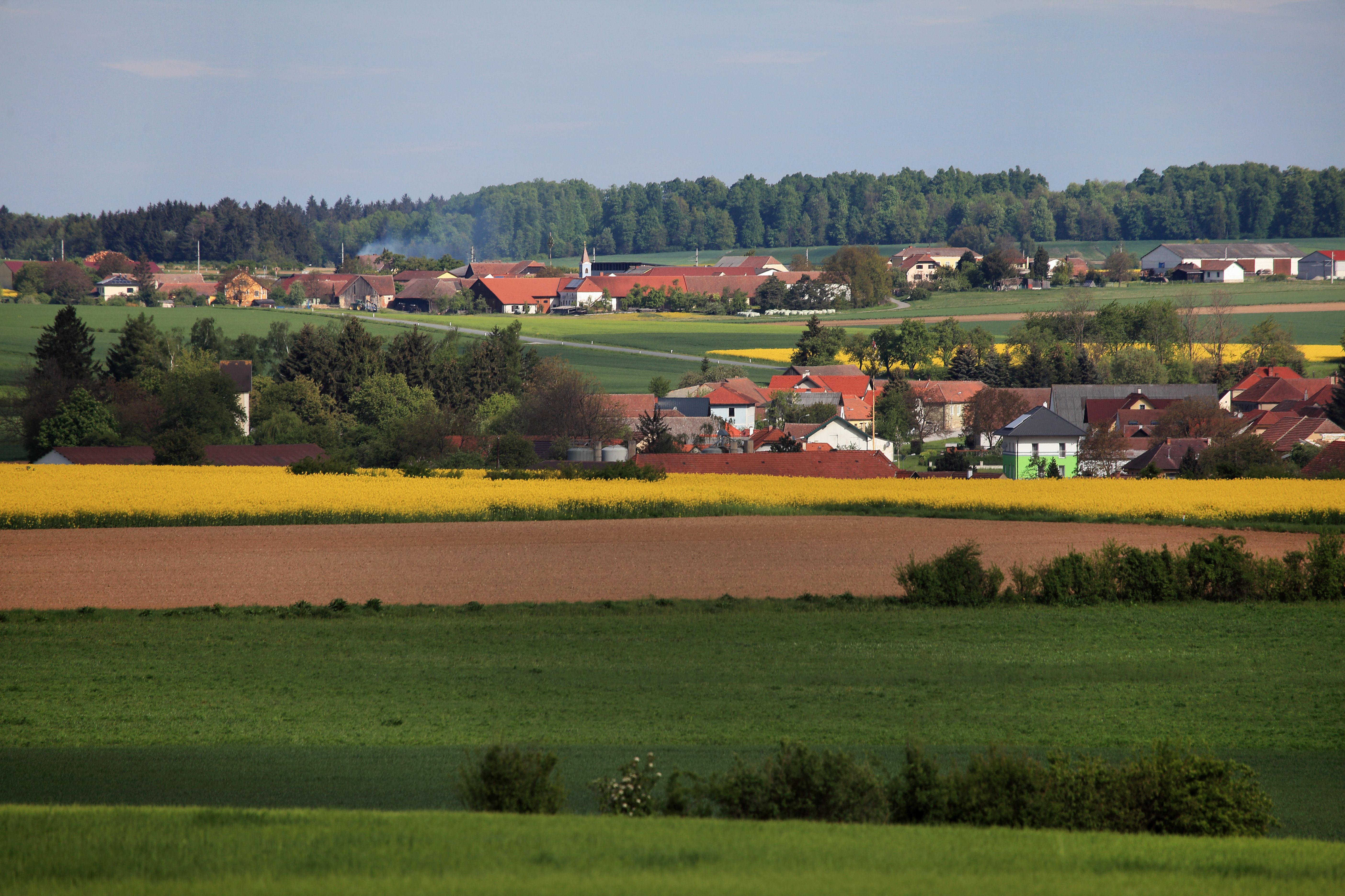 Landschaft mit Feldern und einem Dorf im Hintergrund.
