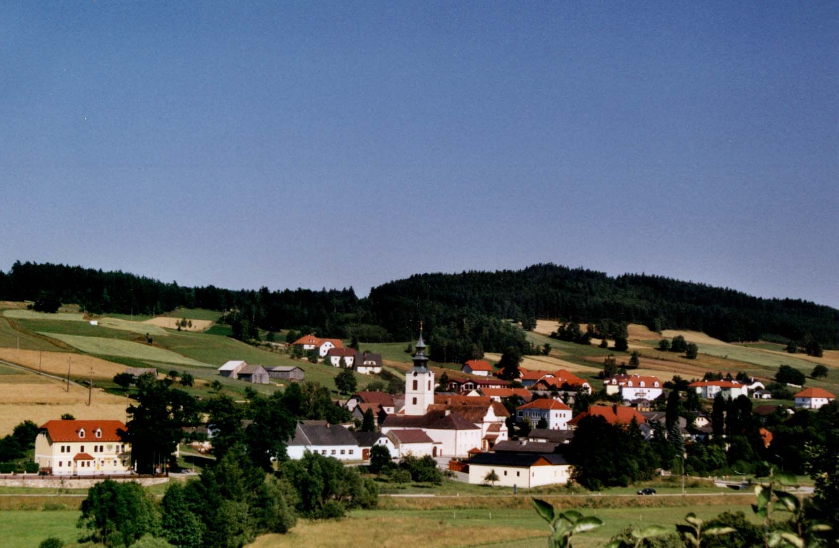 Panorama eines Dorfes mit Kirche und roten Dächern, umgeben von grünen Feldern und Wäldern.
