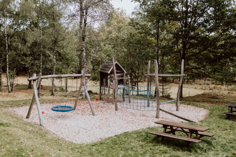 Ein Spielplatz im Wald mit Schaukeln, Klettergerüst und Picknicktischen.