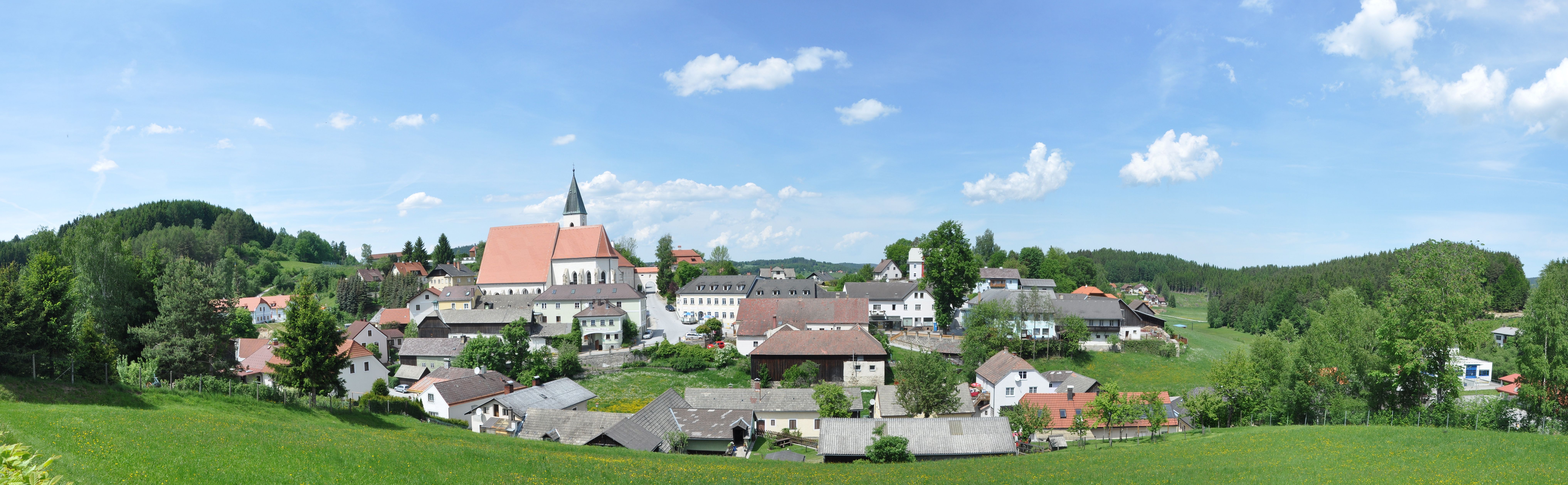 Panorama der Marktgemeinde Schönbach mit Kirche und umliegenden Häusern, umgeben von grünen Wiesen und Wäldern unter blauem Himmel.