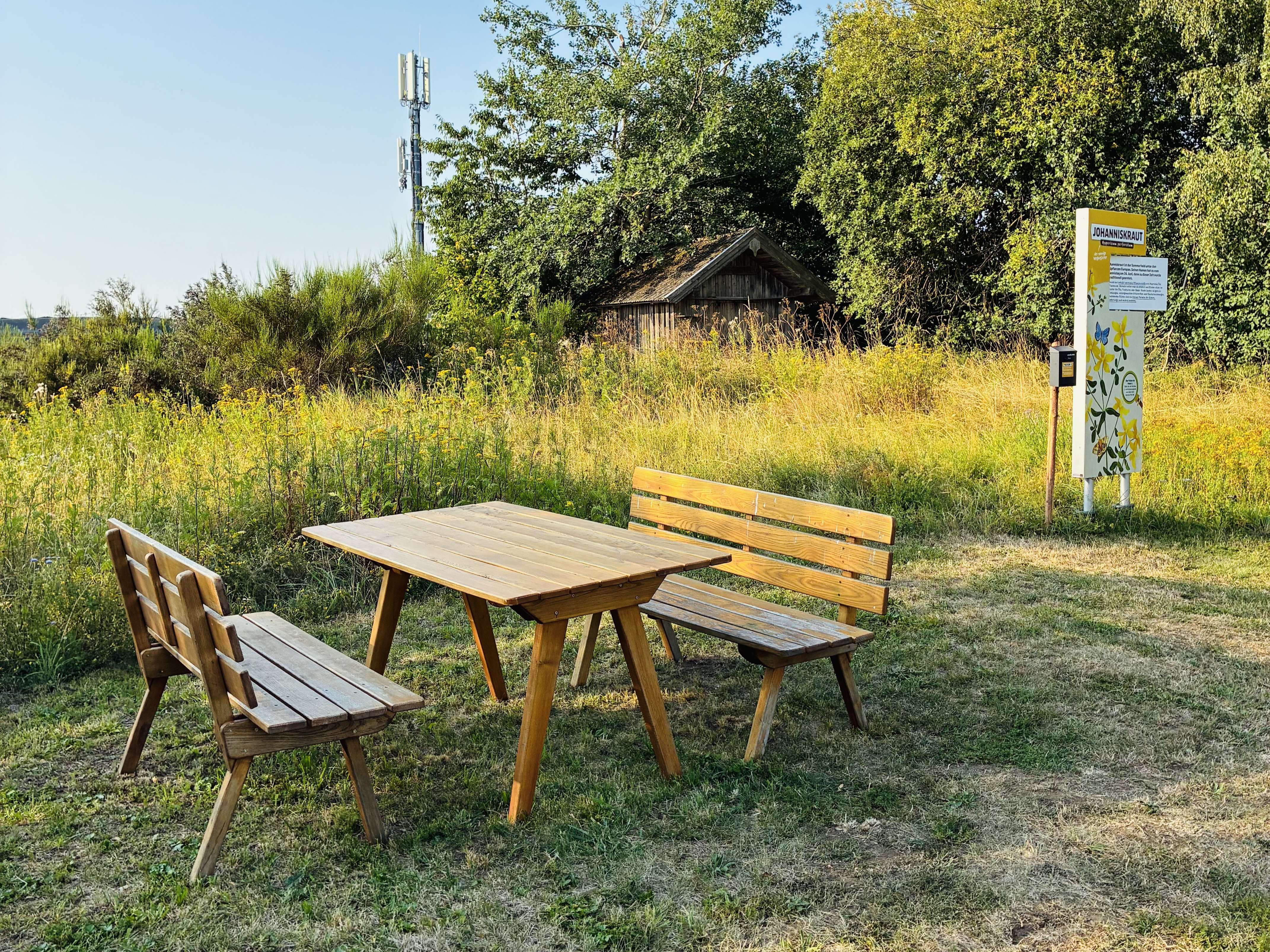 Holztisch und Bänke auf einer Wiese mit Infotafel und Mobilfunkmast im Hintergrund.