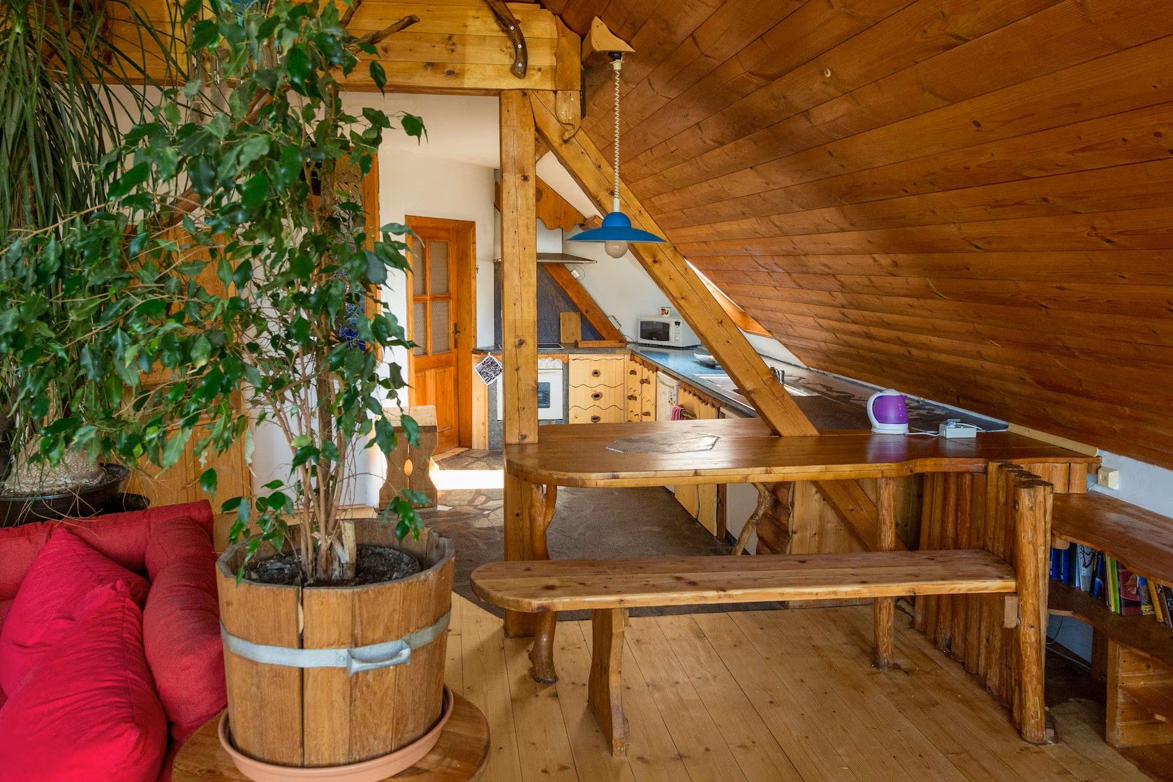 Gemütlicher Dachraum mit viel Holz, großer Zimmerpflanze, roter Couch, Esstisch und kleiner Küchenzeile unter einer schrägen Decke.