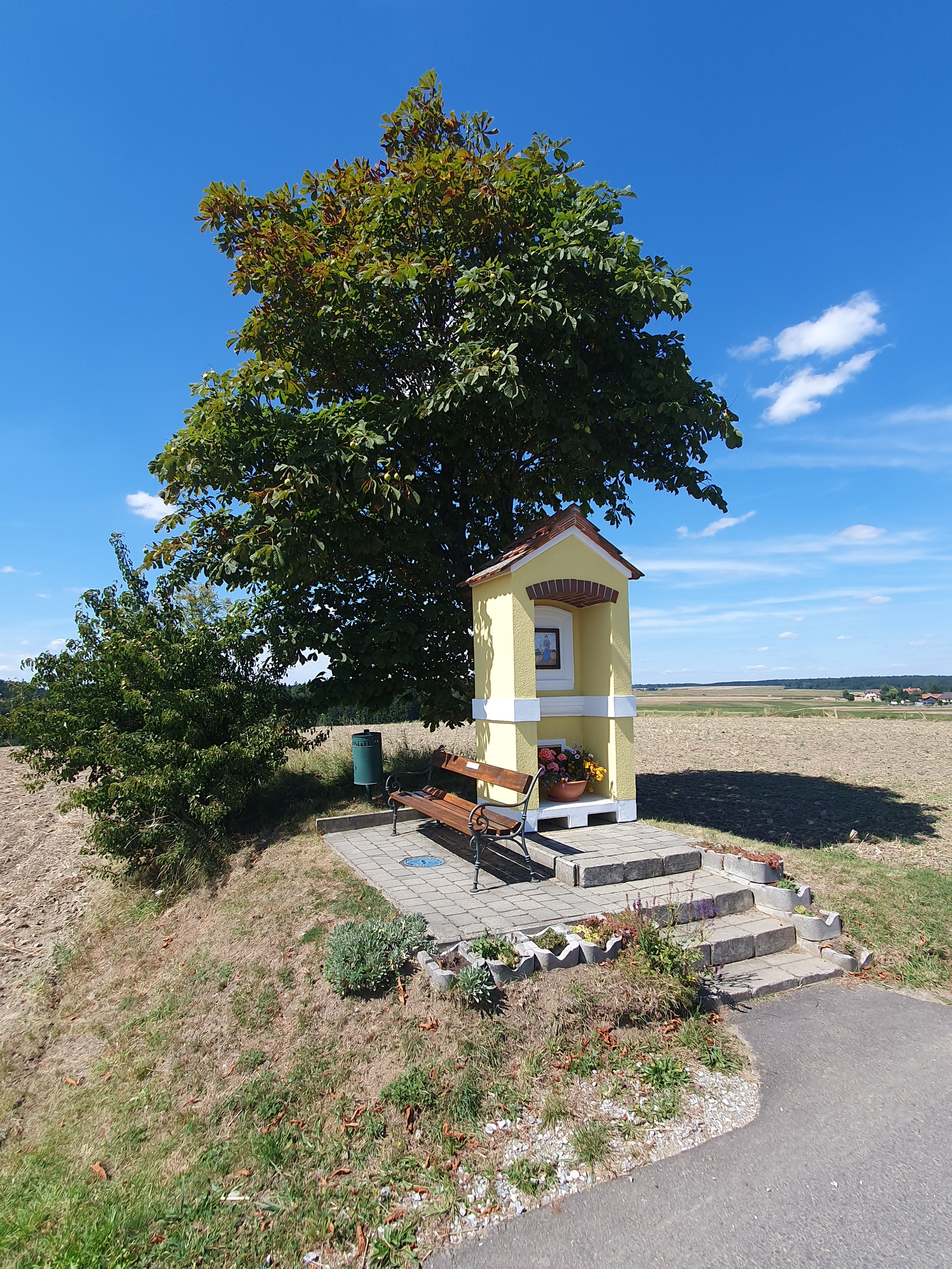Kleine Kapelle auf einer Anhöhe vor einem Baum mit Sitzbank davor.