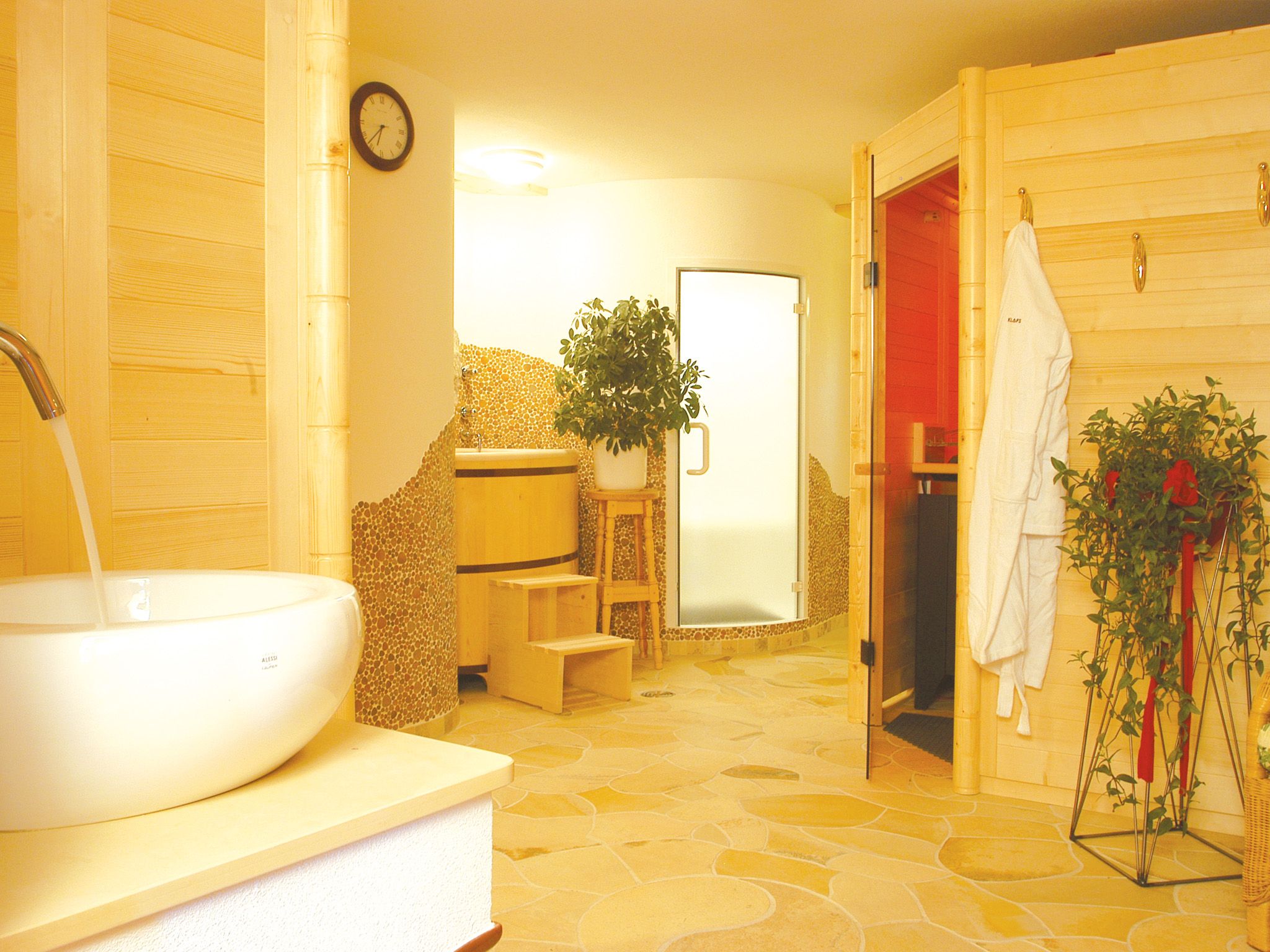 Ein Wellnessbereich mit Sauna, Waschbecken und Pflanzen.