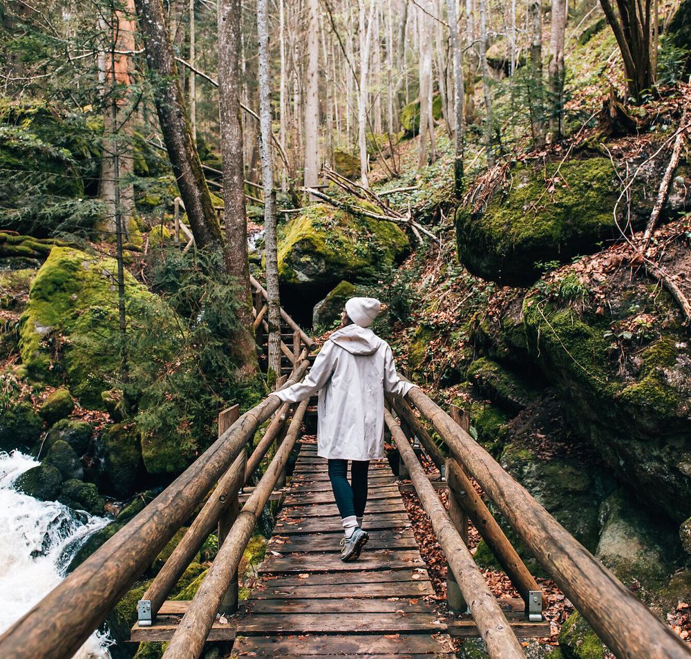 Ein sanfter Pfad führt über eine rustikale Holzbrücke, umgeben von üppigem Grün und dem beruhigenden Rauschen eines plätschernden Baches. Die majestätischen Bäume und das weiche Licht schaffen eine friedliche Atmosphäre, die zum Verweilen und Entspannen einlädt.