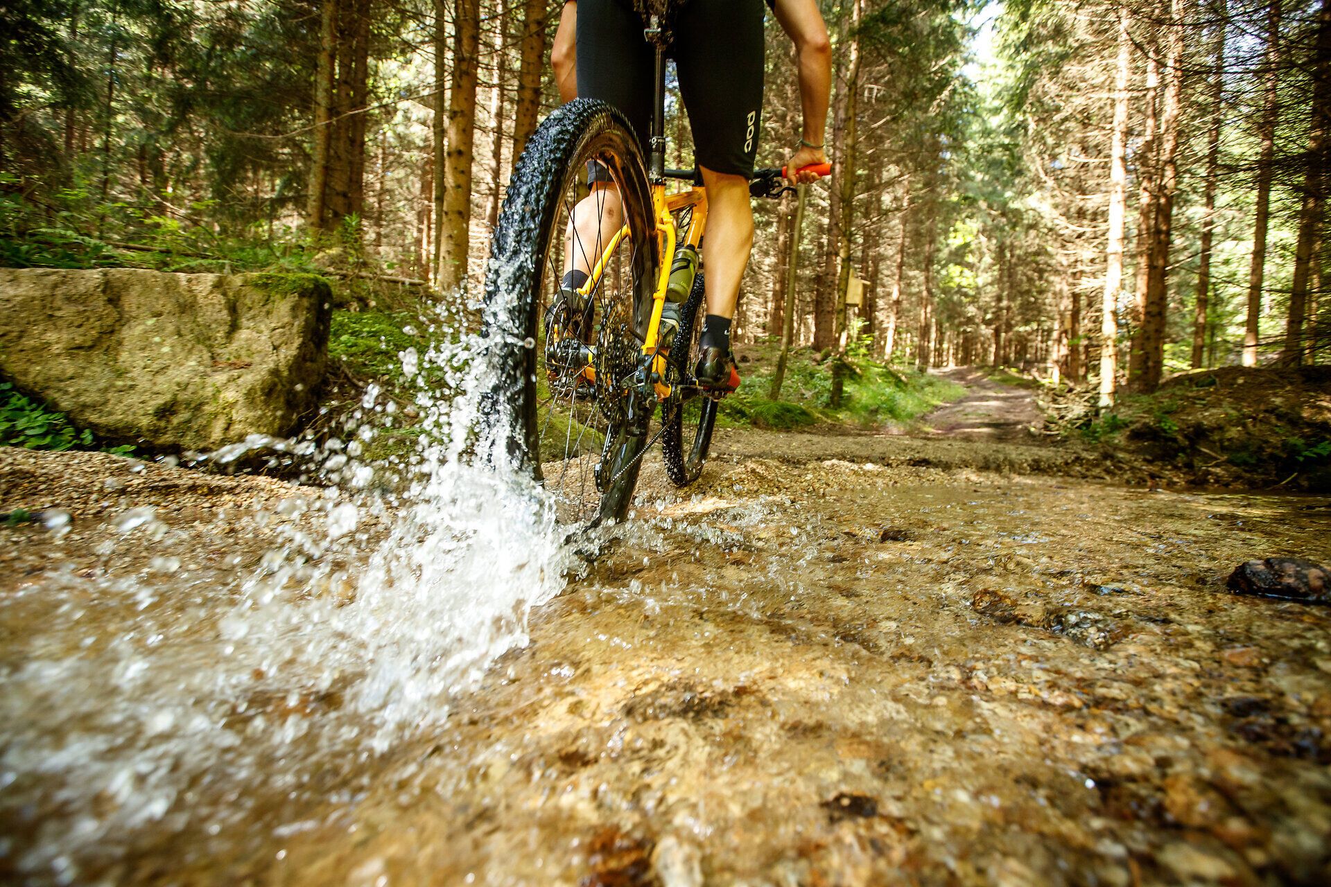 Ein Mountainbiker durchquert spritzend einen kleinen Bach, während die Sonne durch die hohen Bäume des Waldes strahlt. Die frische Luft und die umgebende Natur laden zu einem unvergesslichen Abenteuer ein, das die Schönheit der Landschaft in vollen Zügen erlebbar macht.