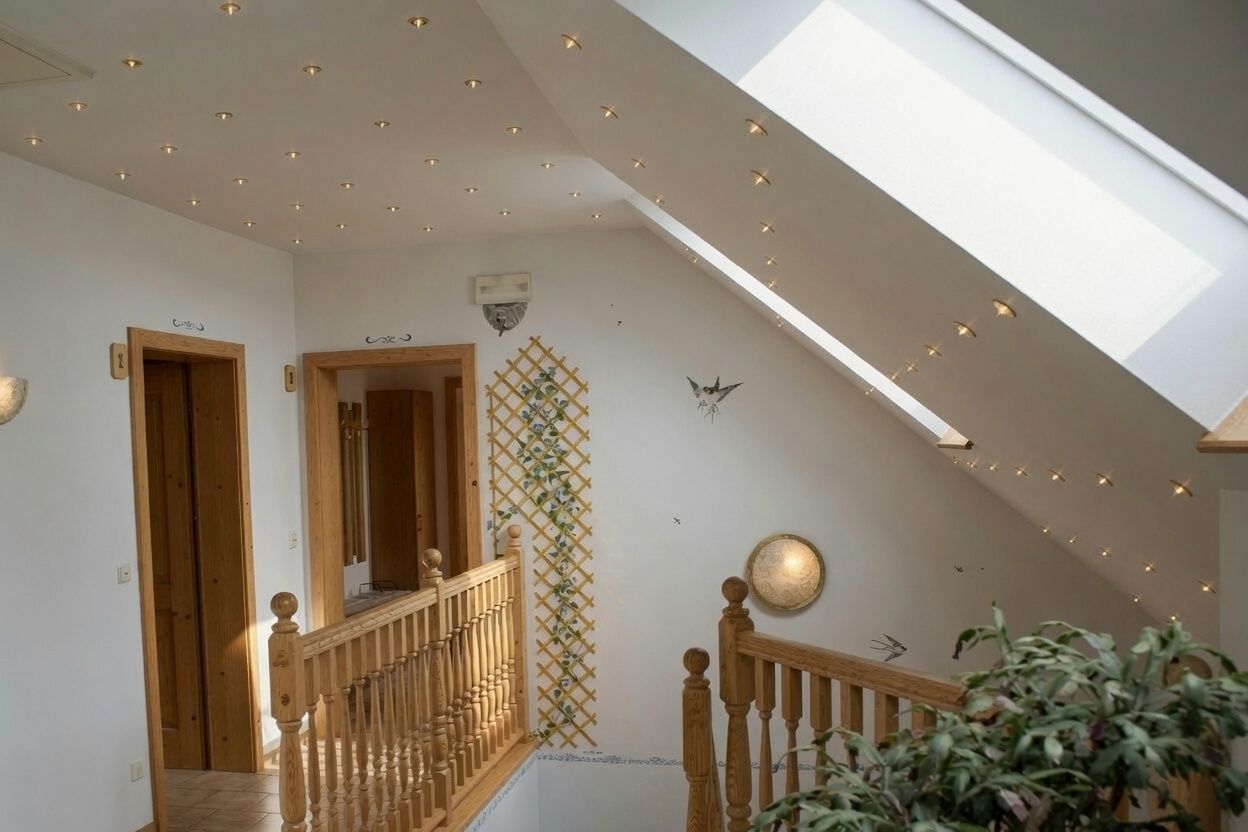 Ein heller Flur mit Holzgeländer und Dachfenster, dekoriert mit Wandmalereien von Vögeln und Pflanzen.