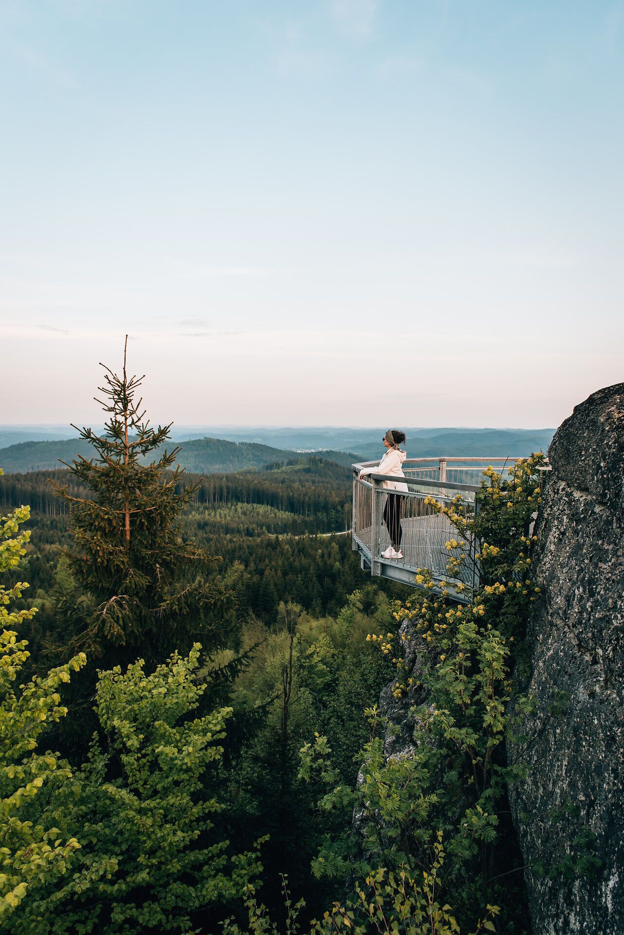 Ein atemberaubender Ausblick eröffnet sich über die sanften Hügel und dichten Wälder, während die Abendsonne den Himmel in sanften Pastelltönen färbt. Die frische Bergluft und das sanfte Rascheln der Blätter laden dazu ein, einen Moment innezuhalten und die Schönheit der Natur zu genießen.