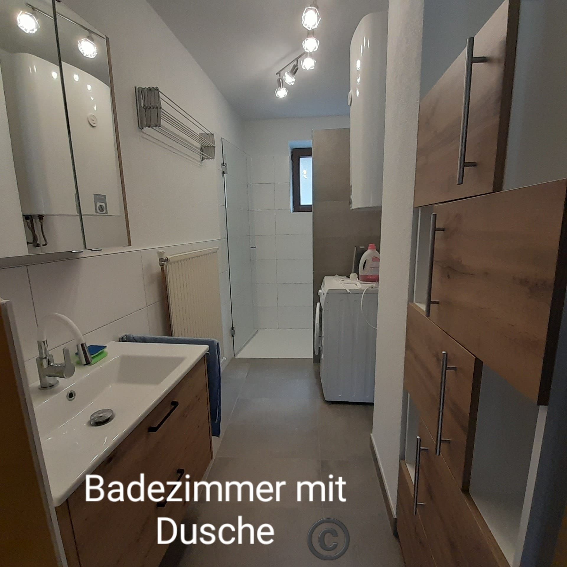 Modernes Badezimmer mit Waschbecken, Dusche und Waschmaschine.