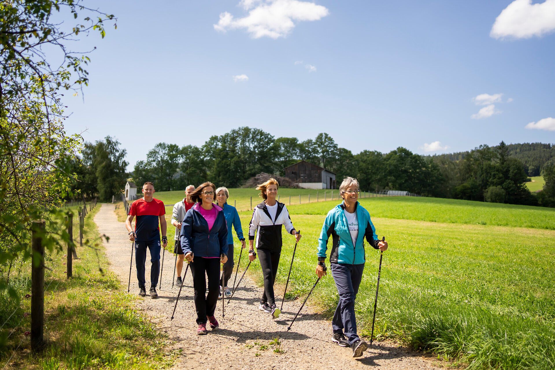 Eine Gruppe von Wanderern genießt die frische Luft und die malerische Landschaft während eines gesunden Spaziergangs. Umgeben von saftigem Grün und unter einem strahlend blauen Himmel, erleben sie die wohltuende Wirkung der Natur.