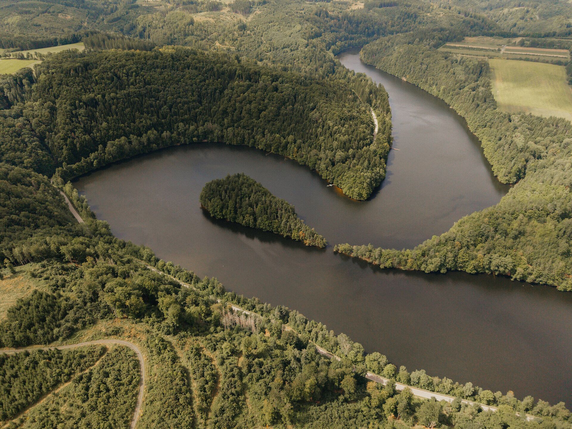 Drohnenaufnahme einer breiten Flussschleife mit bewaldeten Ufern im Waldviertel; dunkles Wasser windet sich durch dichtes Grün, Wege und Lichtungen säumen das Ufer.