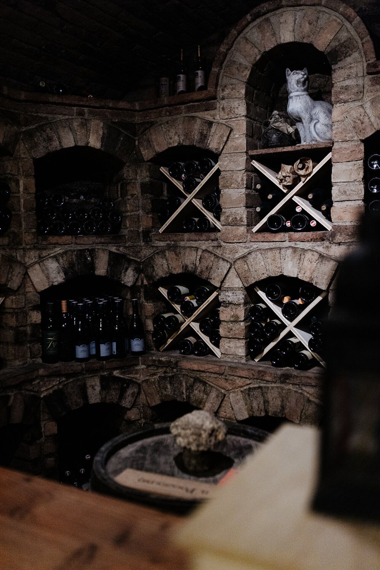 In der gemütlichen Atmosphäre der Wirtshausbrennerei Krenn lagern edle Tropfen in einem rustikalen Weinkeller. Die sanften Lichtspiele auf den Ziegelwänden schaffen eine einladende Stimmung, die zum Verweilen einlädt. Hier erleben Besucher die Kunst der Destillation und die Leidenschaft für regionale Produkte.