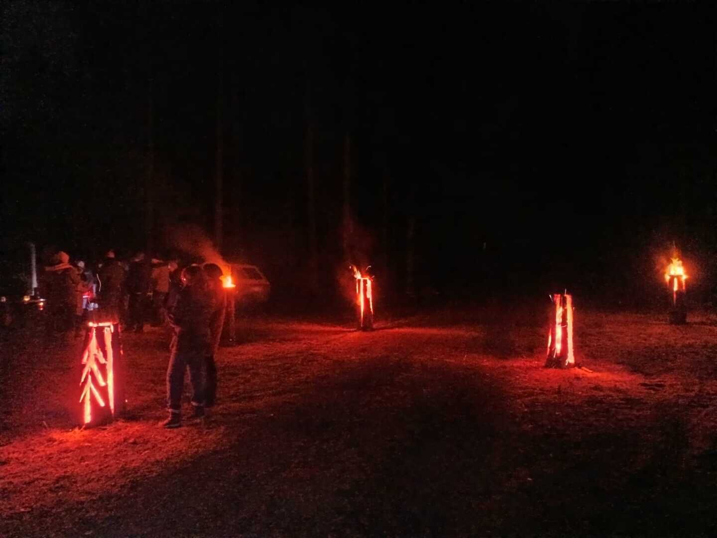 Menschen im Wald am Lagerfeuer