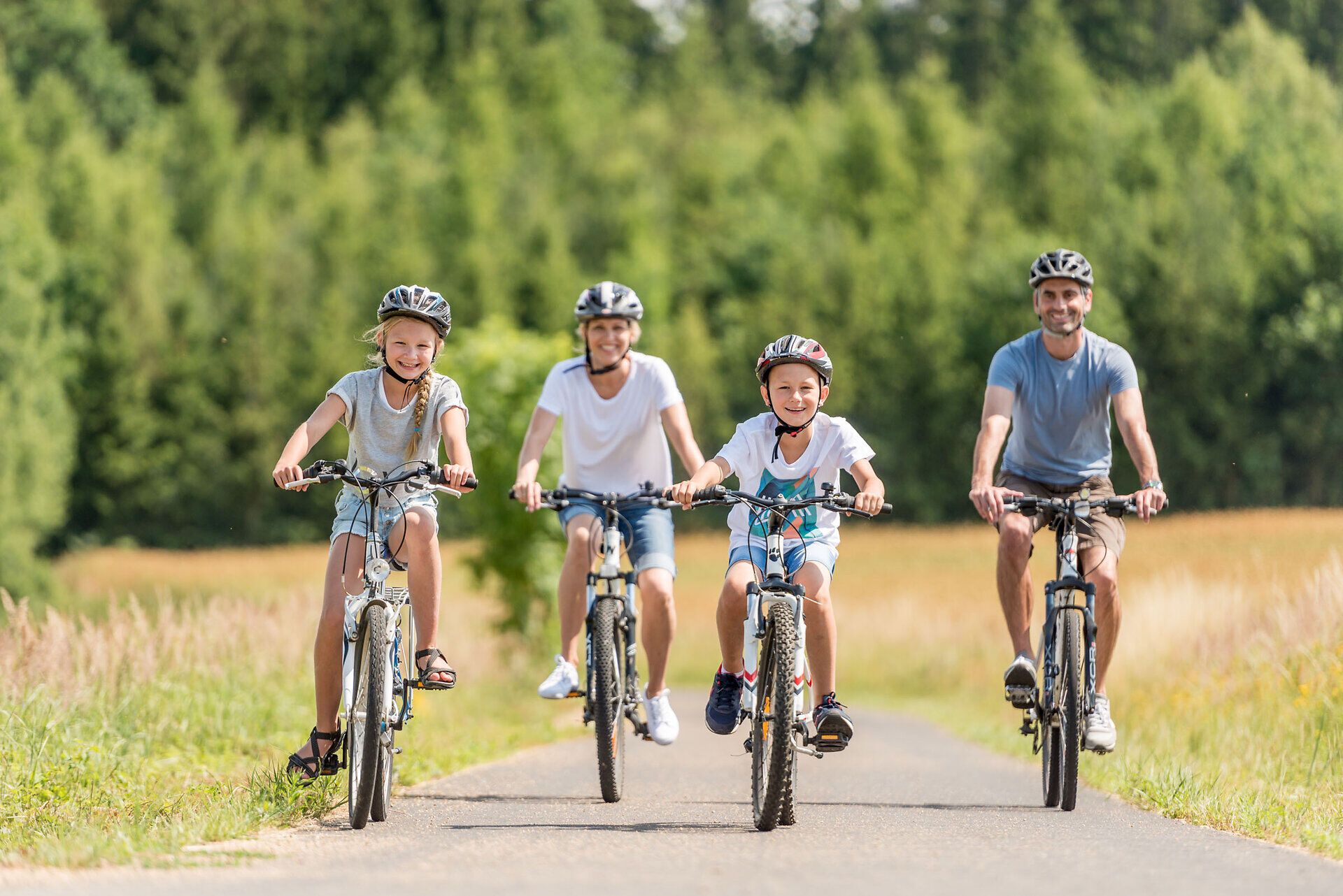 Eine fröhliche Familie radelt gemeinsam auf einem malerischen Weg, umgeben von üppigem Grün und sanften Hügeln. Die Sonne strahlt am blauen Himmel und schafft eine einladende Atmosphäre für unvergessliche Erlebnisse in der Natur.