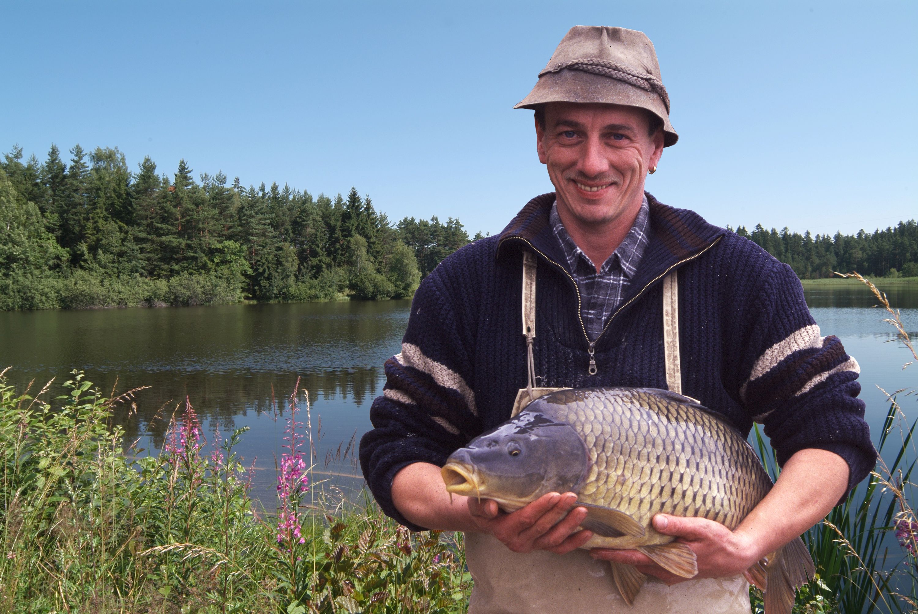 Ein Mann hält einen großen Karpfen vor einem Teich mit Wald im Hintergrund.