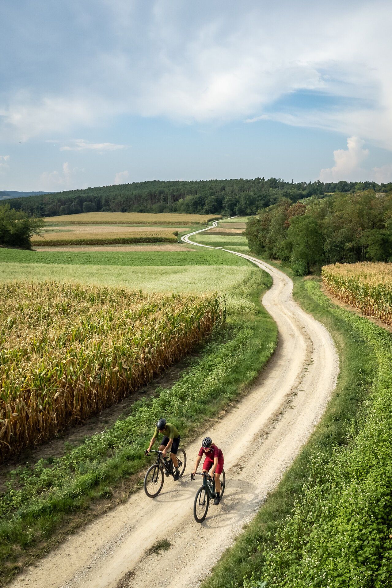 Die sanften Hügel und die weitläufigen Felder laden zu einer unvergesslichen Radtour ein. Radfahrer gleiten über den staubigen Weg, umgeben von der idyllischen Natur, während die Wolken am Himmel eine malerische Kulisse bieten. Hier in der Region Gföhl wird der Sommer zum Erlebnis für alle, die die Freiheit der Natur genießen möchten.