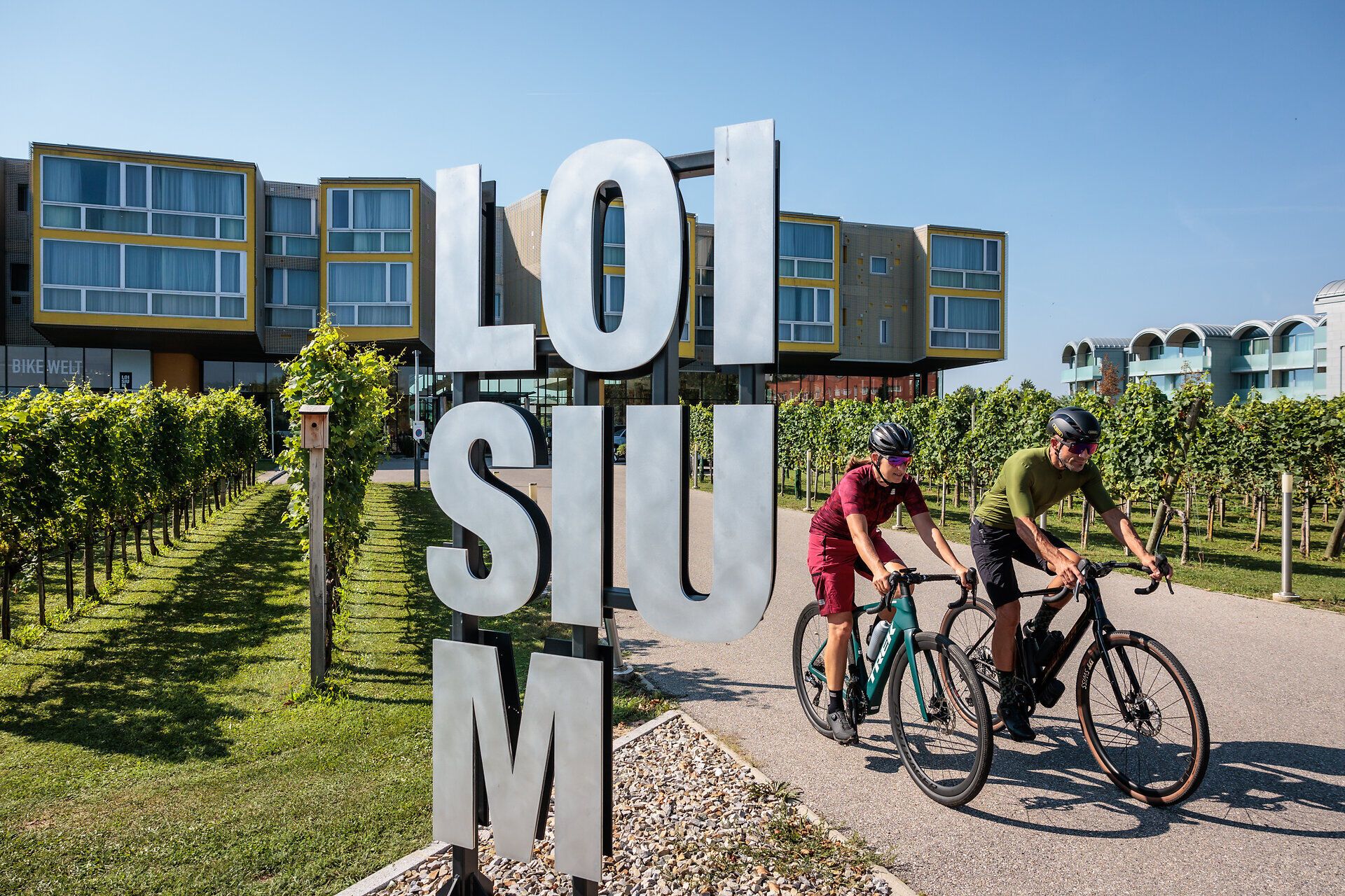 Radfahrer gleiten sanft entlang der malerischen Weinreben, während die Sonne über den sanften Hügeln strahlt. Die frische Luft und die idyllische Landschaft laden dazu ein, die Schönheit der Natur zu genießen und die Seele baumeln zu lassen.