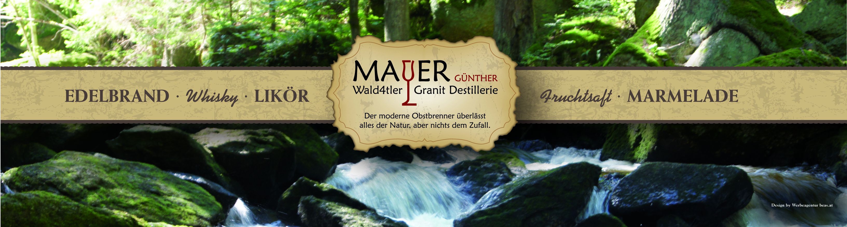 Werbebanner der Wald4tler Granit Destillerie mit Waldhintergrund.