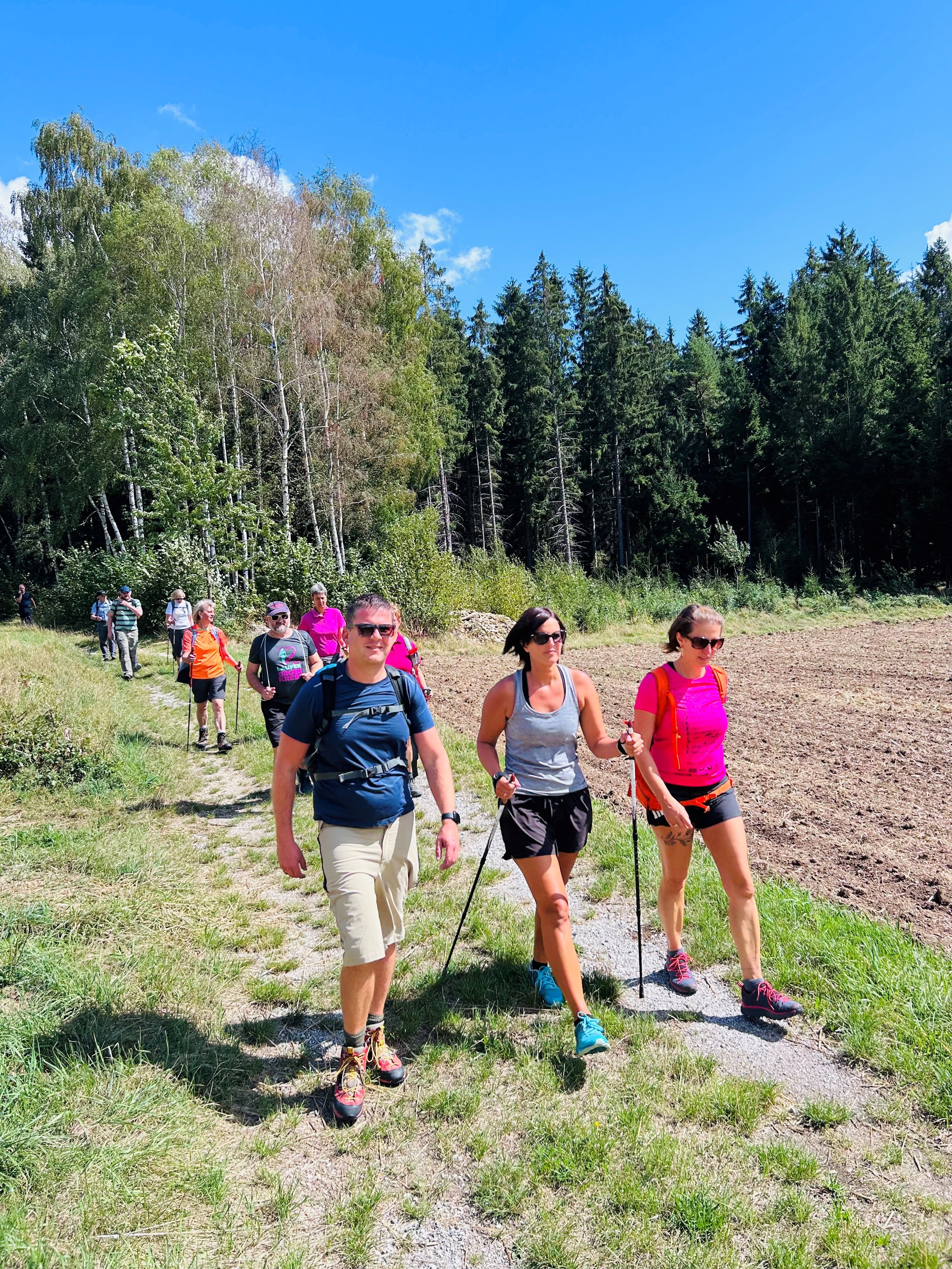 Eine Gruppe von Menschen auf einem Wiesenweg. Im Hintergrund Wald.