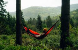 Inmitten der sanften Hügel und dichten Wälder lädt eine leuchtend orangefarbene Hängematte zum Entspannen ein. Der sanfte Wind und das Zwitschern der Vögel schaffen eine friedliche Atmosphäre, während die Nebelschwaden über die Berge ziehen. Hier findet man die perfekte Auszeit in der Natur.