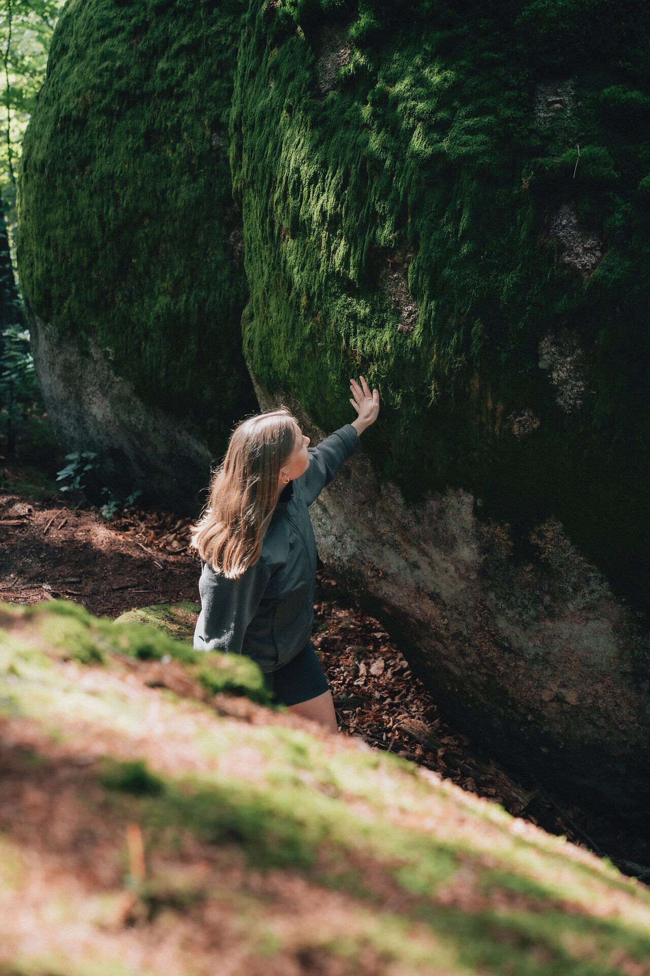 Person streckt die Hand nach einer moosbedeckten Felswand in einem Wald; der große Stein ist von dichtem Grün überzogen, Sonnenlicht fällt gefiltert durch die Bäume.