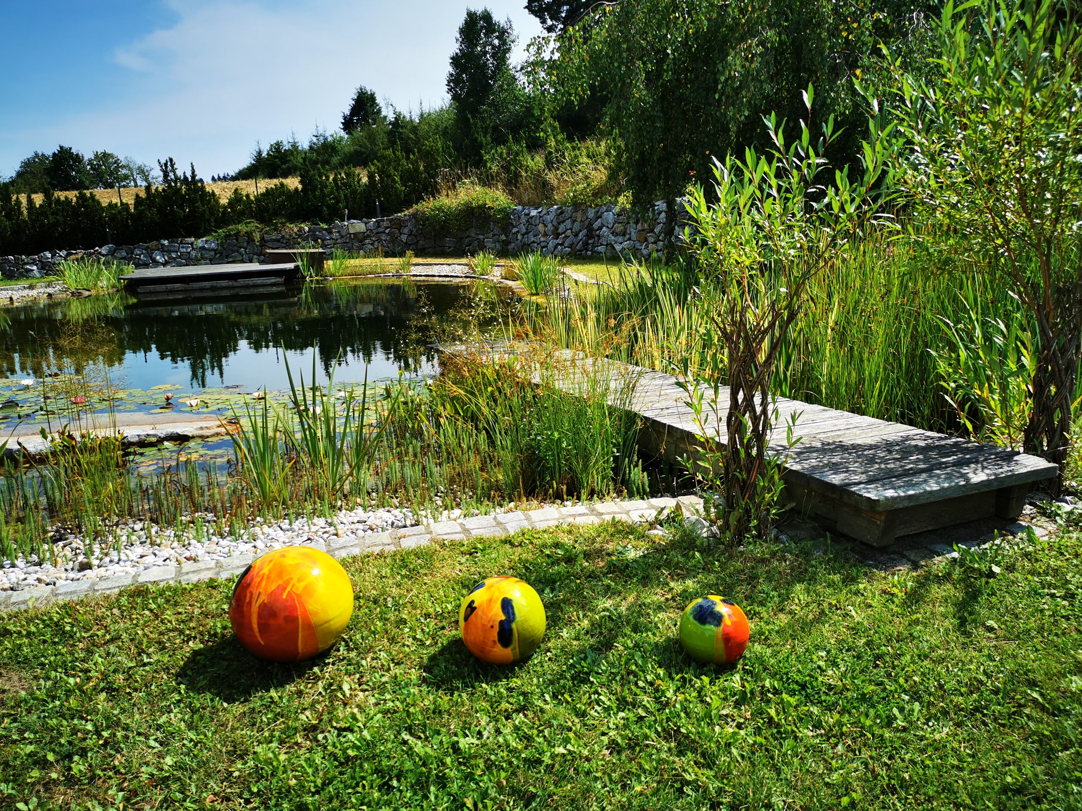 Ein natürlicher Schwimmteich mit Holzsteg und bunten Kugeln auf dem Rasen.
