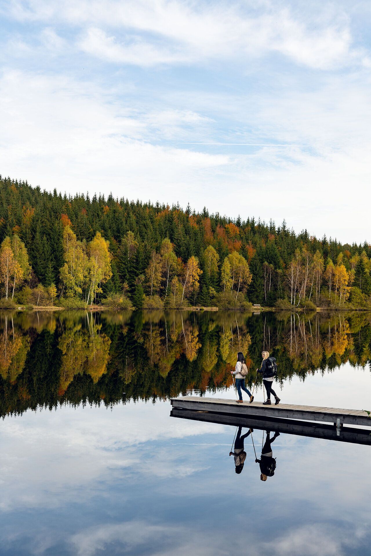 Am Ufer des Schlesingerteichs schlendern zwei Wanderer entspannt entlang des Wassers, während die bunten Herbstblätter der Bäume sich im ruhigen Wasser spiegeln. Die friedliche Atmosphäre und die atemberaubende Natur laden dazu ein, die Seele baumeln zu lassen und die Schönheit der Umgebung zu genießen.