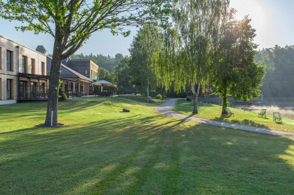 Grüne Wiese mit Bäumen, Gebäude und Liegestühlen am Seeufer im Sonnenlicht.