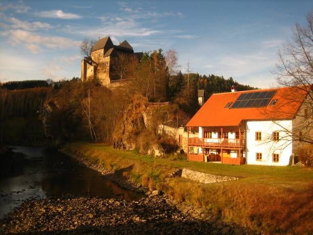 Ein Gasthof mit rotem Dach und Solarpanelen neben einem Fluss, im Hintergrund eine Burg auf einem Hügel.