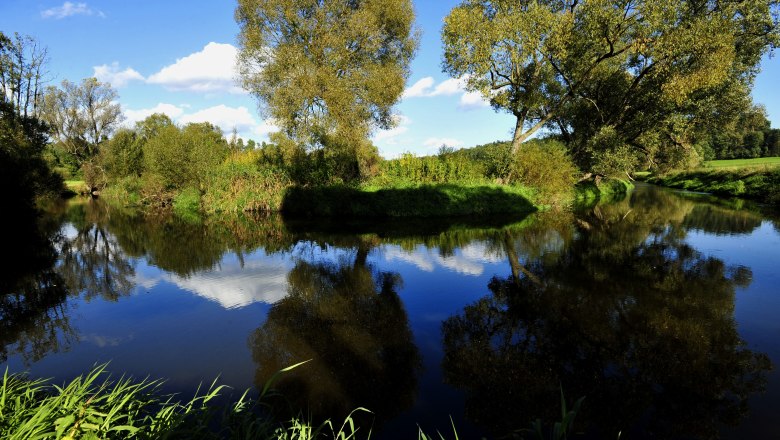 Ein ruhiger Fluss im Naturpark Dobersberg mit Bäumen und blauem Himmel im Hintergrund.