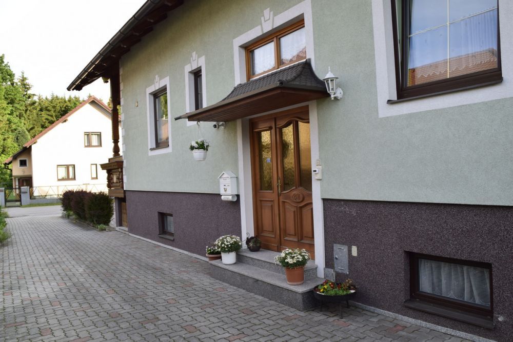 Eingang eines Hauses mit grüner Fassade und Holztür, umgeben von Pflanzen in Töpfen.